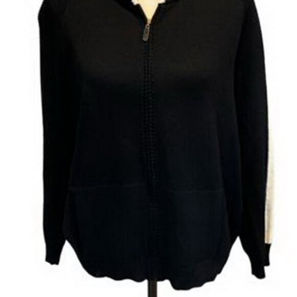 St. John Sport Black and White Stripe Zip-Up Knit Hoodie - Picture 2 of 5